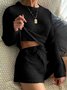 Round Neck Long Sleeve Wide Leg Shorts Waffle Comfortable Two-Piece Homewear Pajamas Plus Size