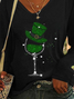 Women's St Patricks Day Shamrock Wine Glass Print Long Sleeve V Neck T-Shirt