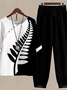 Loose Casual Leaf Crew Neck Two-Piece Set