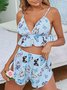 Sexy Deep V Butterfly Print Pajamas Camisole Shorts Casual Homewear Set