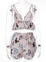 Sexy Deep V Butterfly Print Pajamas Camisole Shorts Casual Homewear Set