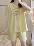 Soft and Comfortable Waffle Round Neck Short Sleeve Shorts Loose Loungewear Set