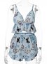 Sexy Deep V Butterfly Print Pajamas Camisole Shorts Casual Homewear Set