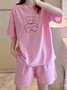Soft and Comfortable Waffle Round Neck Short Sleeve Shorts Loose Loungewear Set