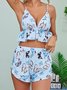 Sexy Deep V Butterfly Print Pajamas Camisole Shorts Casual Homewear Set
