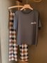 Plaid Print Pajamas Loose Round Neck Short Sleeve Trousers Homewear Set