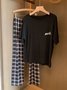 Plaid Print Pajamas Loose Round Neck Short Sleeve Trousers Homewear Set