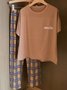 Plaid Print Pajamas Loose Round Neck Short Sleeve Trousers Homewear Set