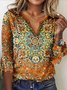 Women's  Red Geometric Printed Long Sleeve V Neck ethnic style t-shirt