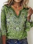 Women's  Red Geometric Printed Long Sleeve V Neck ethnic style t-shirt