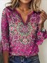 Women's  Red Geometric Printed Long Sleeve V Neck ethnic style t-shirt