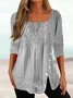 Women's Ethnic Casual Square neck Lace Tops Long Sleeve U Neck Tunic