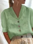 JFN Cotton Loose Shawl Collar Buttoned Short Sleeve Blouse