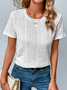 Loose Casual Crew Neck Solid Eyelet Embroidery Round Neck Tee