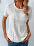 Loose Casual Crew Neck Solid Eyelet Embroidery Round Neck Tee