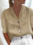 JFN Cotton Loose Shawl Collar Buttoned Short Sleeve Blouse