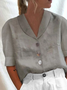 JFN Cotton Loose Shawl Collar Buttoned Short Sleeve Blouse