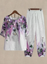 Print Lounge Sets For Women Cotton and Linen Matching Sets Two Piece Lounge Short Sleeve Round Neck Top and Loose Pants Set Printed Casual Sets Loose Ombre Crew Neck Casual Two-Piece Set 