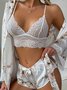 Sexy Lace Floral Silk Pajamas Three-Piece Set