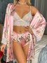 Sexy Lace Floral Silk Pajamas Three-Piece Set