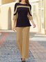 JFN Crew Neck Striped Business Casual Work Outfit Elegant Two-Piece Set Top with Pants