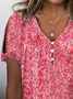 V Neck Floral Buttoned Elegant T-Shirt