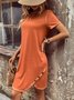 Casual Buckle Plain Crew Neck Dress