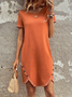 Casual Buckle Plain Crew Neck Dress