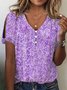 V Neck Floral Buttoned Elegant T-Shirt