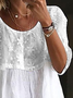 JFN Cotton-blend Lace Embroidery Patchwork Loose Crew Neck Split Joint Blouse