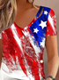 Women America Flag Short Sleeve Blouse Summer V Neck Daily Casual Top