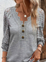 V Neck Casual Plain Lace Bukle T-Shirt