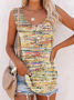 Buttoned Geometric Casual Crew Neck Tank Top