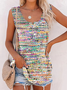 Buttoned Geometric Casual Crew Neck Tank Top