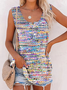 Buttoned Geometric Casual Crew Neck Tank Top