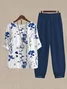 Women Floral Buckle Two-Piece Set Daily Three Quarter Sleeve Casual Spring/Fall Top With Pants Matching Set