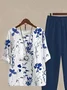 Women Floral Buckle Two-Piece Set Daily Three Quarter Sleeve Casual Spring/Fall Top With Pants Matching Set