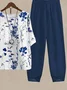 Women Floral Buckle Two-Piece Set Daily Three Quarter Sleeve Casual Spring/Fall Top With Pants Matching Set