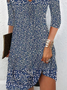 Women's Ditsy Floral Three Quarter Sleeve Spring/Fall Dress V Neck Daily Casual Midi T-Shirt Dress H-Line Dress