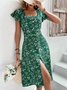 Elegant Regular Fit Ruffled Sleeves Floral Square Neck Dress