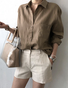 JFN Cotton & Linen Loose Plain Shirt Collar Casual Blouse