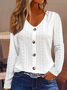 Buttoned Plain Casual Eyelet Embroidery Blouse