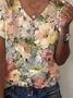 Casual Floral Cotton V Neck T-Shirt