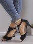 Black Suede Cutout Strap Peep Toe Mid Heel Sandals