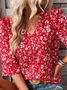 Women Floral Three Quarter Sleeve Blouse Spring/Fall V Neck Bell Sleeve Daily Casual Top