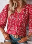 Women Floral Three Quarter Sleeve Blouse Spring/Fall V Neck Bell Sleeve Daily Casual Top