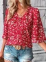 Women Floral Three Quarter Sleeve Blouse Spring/Fall V Neck Bell Sleeve Daily Casual Top