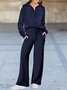 Half Open Collar Loose Casual Plain Two-Piece Set