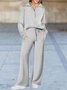 Half Open Collar Loose Casual Plain Two-Piece Set