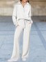 Half Open Collar Loose Casual Plain Two-Piece Set